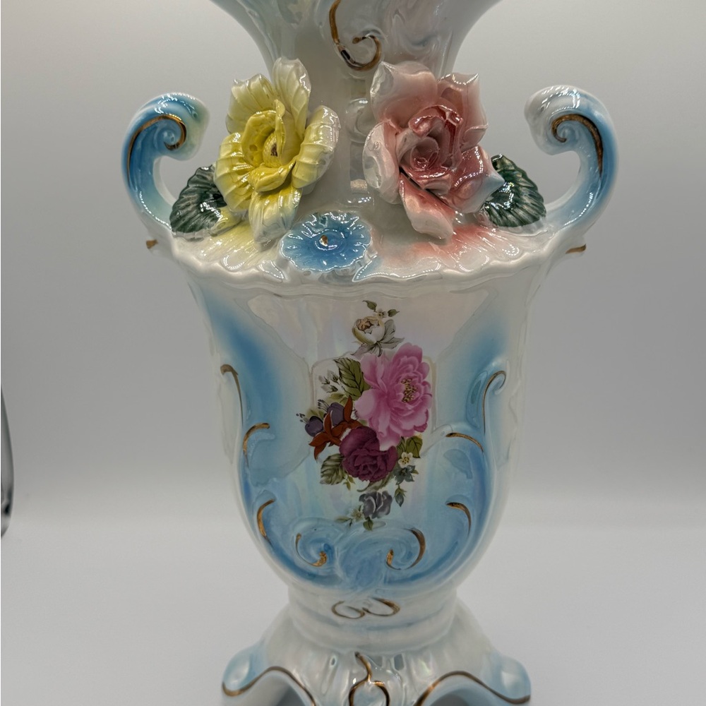 Lustreware Porcelain Floral Accent Vase in Blue and Pink